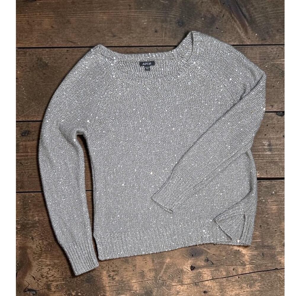 Apt. 9 Silver Gray Knit Sweater With Sequins Petite M PM
